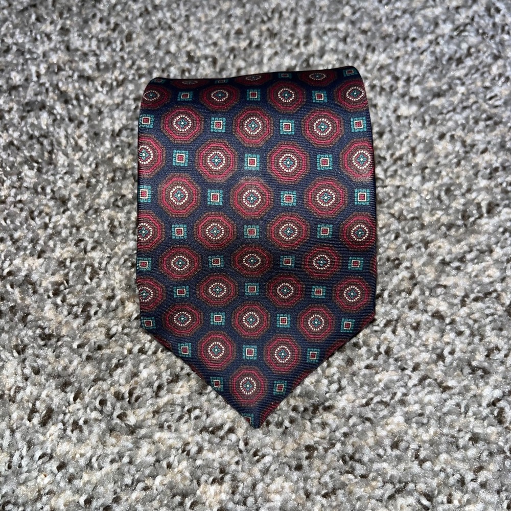 Oscar de la Renta Couture Silk Tie Vintage 90s Navy Burgundy Geometric Medallion